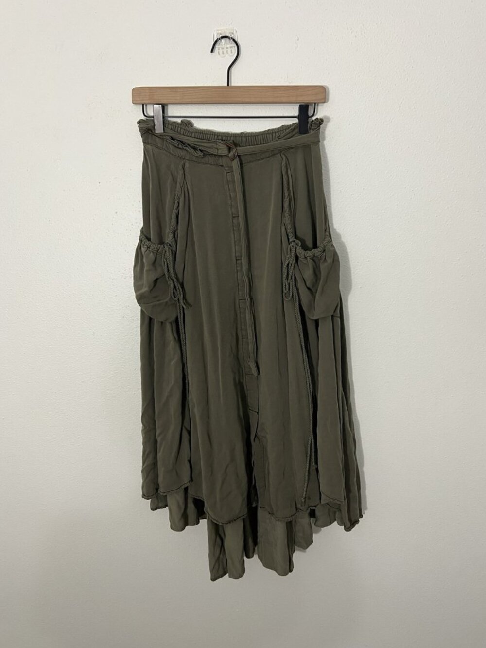 Free People Boho Hi-Low Asymmetrical Skirt Olive Green Small Pockets